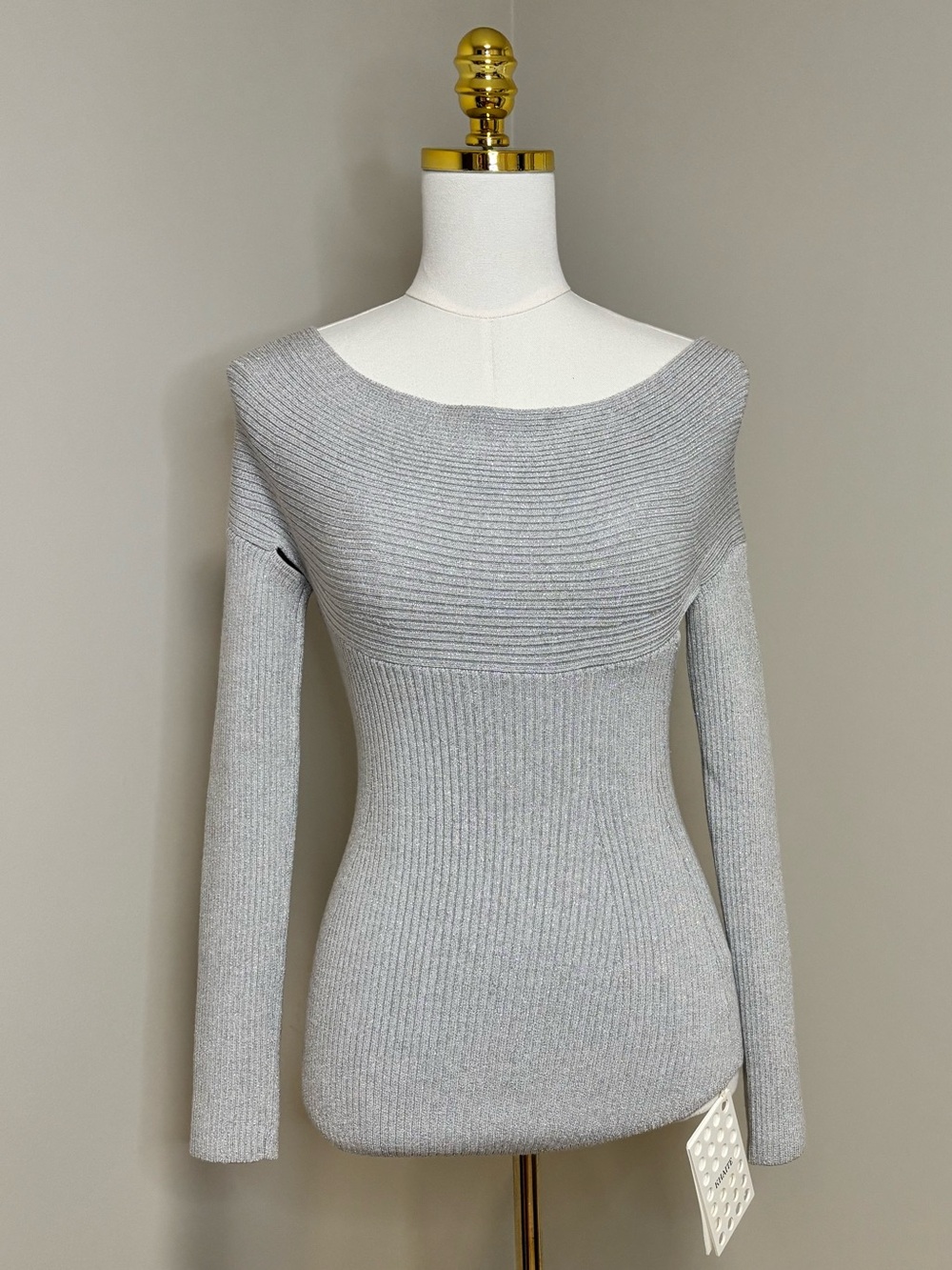KHAITE Salma Metallic Silver Off Shoulder Open Back Sweater Top S NWT